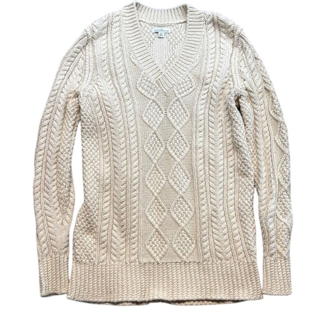 Women's L.L. Bean Fisherman Mixed Cable Knit Chunky Cream V Neck Sweater Size XS